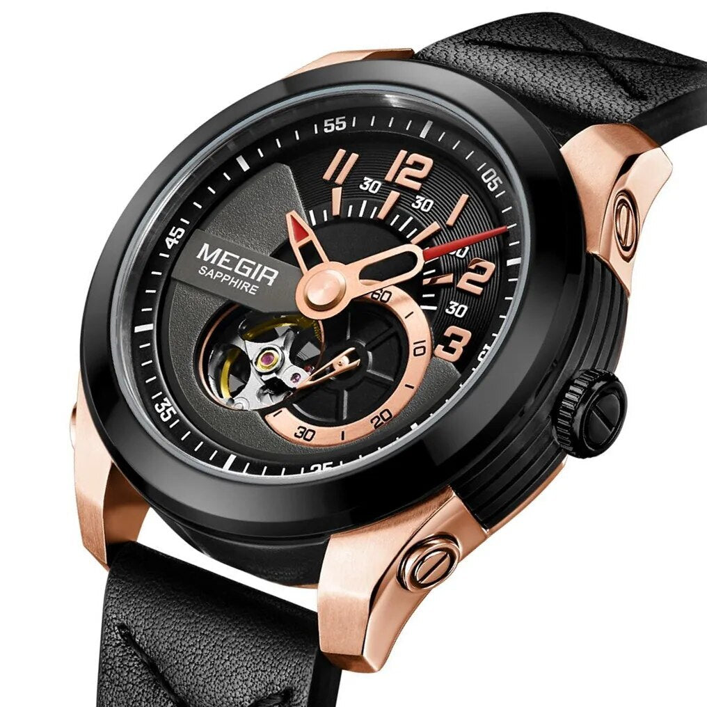 MEGIR Automatic Movement Mechanical Watches Men Luxury Fashion Leather Business Wristwatch Clock Big Dial Male Reloj Hombre-8