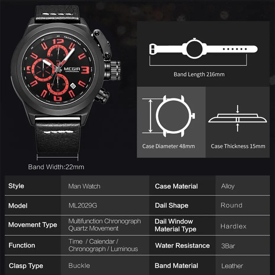 MEGIR Brand Luxury Sport Men Watches Quartz Big Dial Wristwatch Multifunction Luminous Waterproof Casual Chronograph Date Clock-1