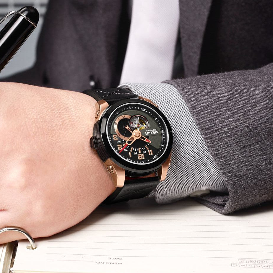 MEGIR Automatic Movement Mechanical Watches Men Luxury Fashion Leather Business Wristwatch Clock Big Dial Male Reloj Hombre-2