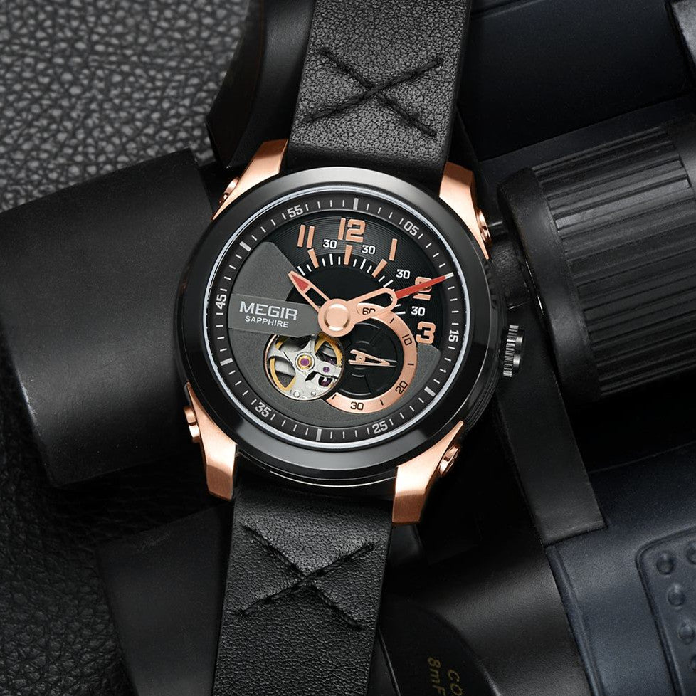 MEGIR Automatic Movement Mechanical Watches Men Luxury Fashion Leather Business Wristwatch Clock Big Dial Male Reloj Hombre-6