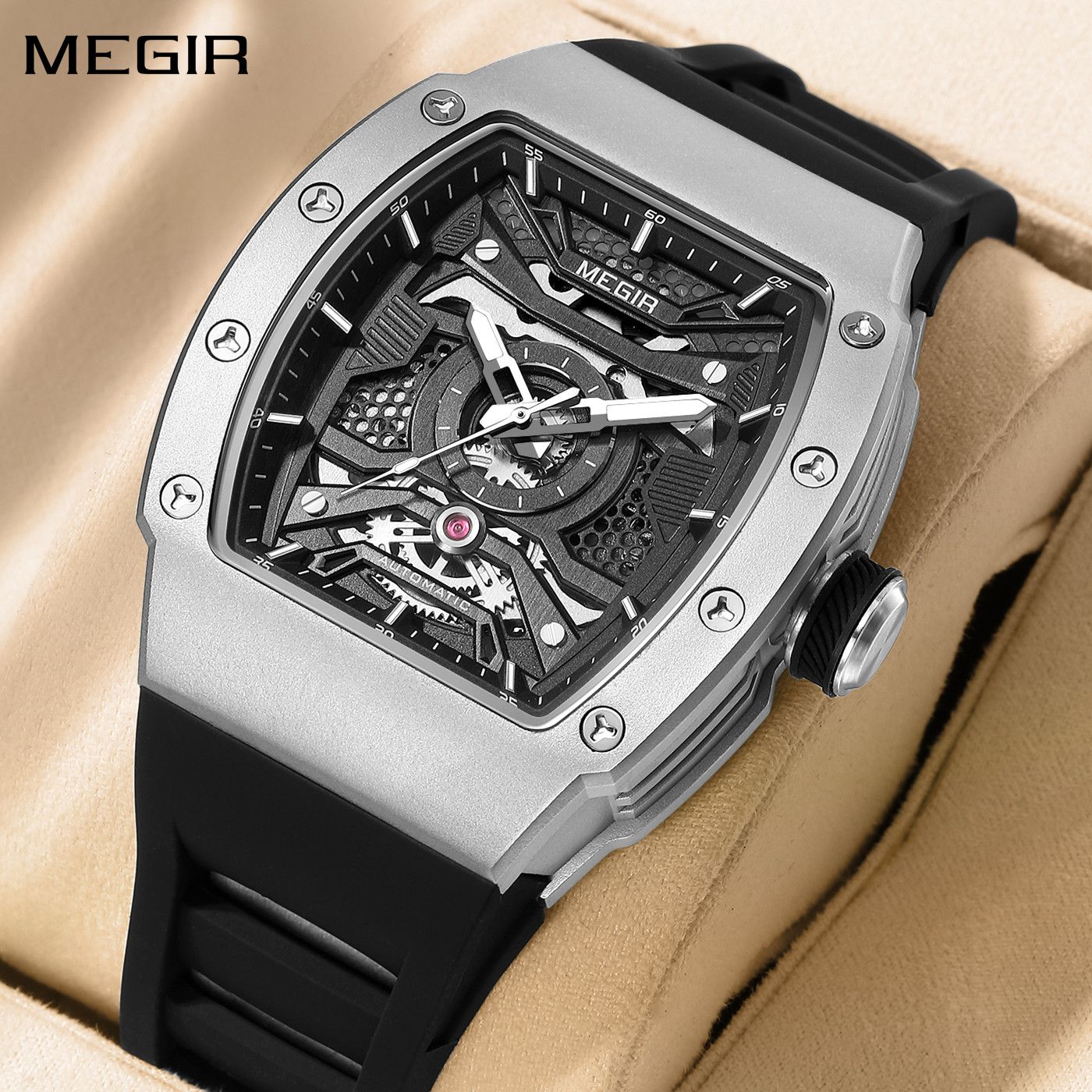 MEGIR Brand Automatic Movement Watch for Men Fashion Waterproof Stainless Steel Case Mechanical Wristwatch Montre Homme 8604-0
