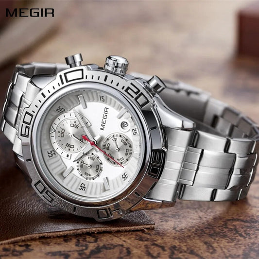 MEGIR Luxury Business Watch for Men Fashion Casual Clock Stainless Steel Calendar Luminous Chronograph Quartz Sport WristWatches-0