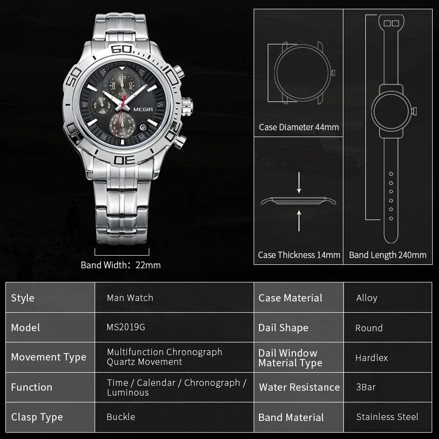 MEGIR Luxury Business Watch for Men Fashion Casual Clock Stainless Steel Calendar Luminous Chronograph Quartz Sport WristWatches-6