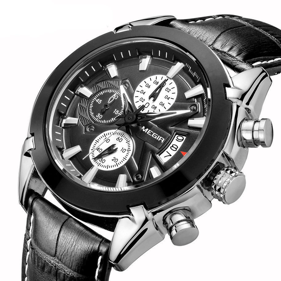 MEGIR Men Watches Original Fashion Leather Quartz Wristwatch Top Brand Military Chronograph Big Dial Sports Clock Reloj Hombre-4