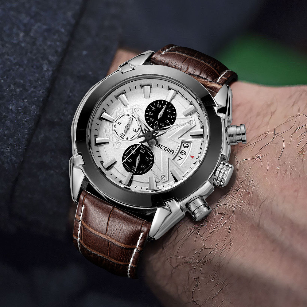 MEGIR Men Watches Original Fashion Leather Quartz Wristwatch Top Brand Military Chronograph Big Dial Sports Clock Reloj Hombre-1