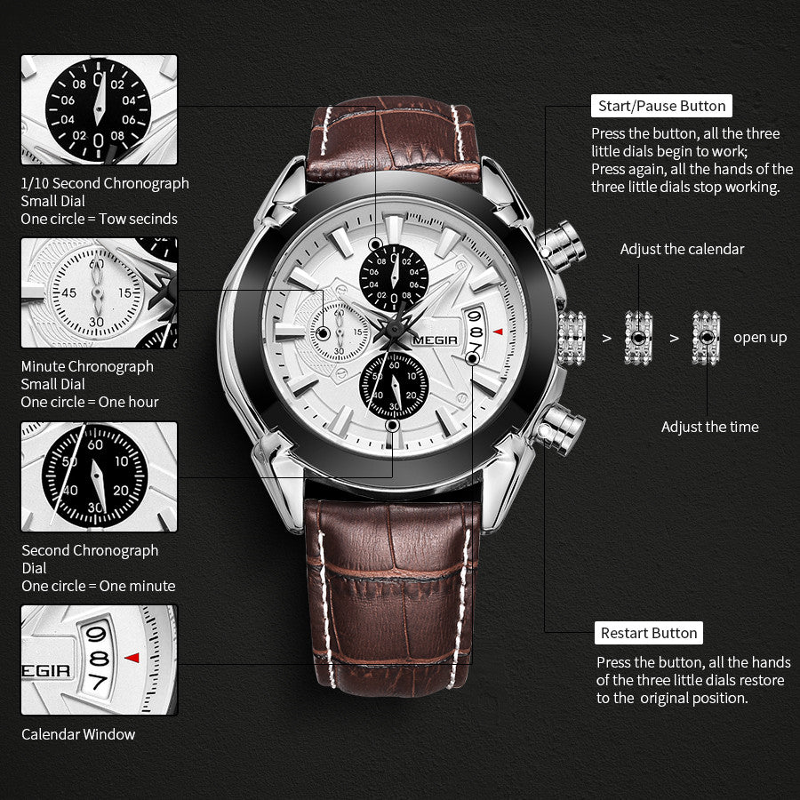 MEGIR Men Watches Original Fashion Leather Quartz Wristwatch Top Brand Military Chronograph Big Dial Sports Clock Reloj Hombre-7
