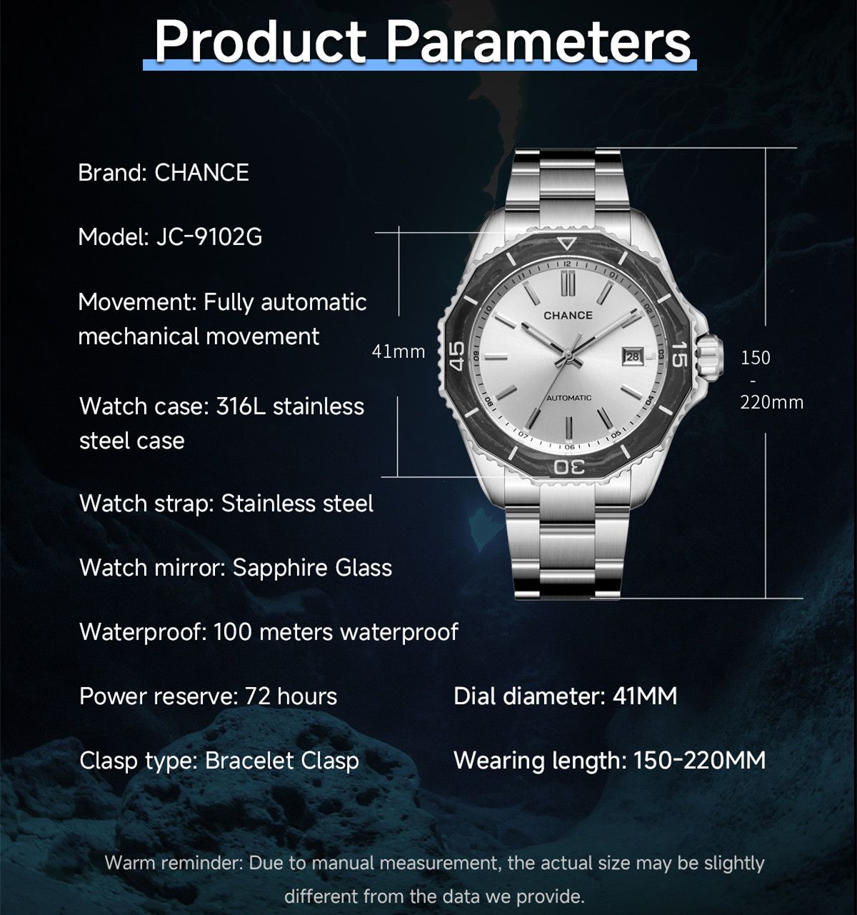 CHANCE Automatic Mechanical Watches Movement 10Bar Waterproof Stainless Steel Sapphire Glass Business Wristwatch Clock-5