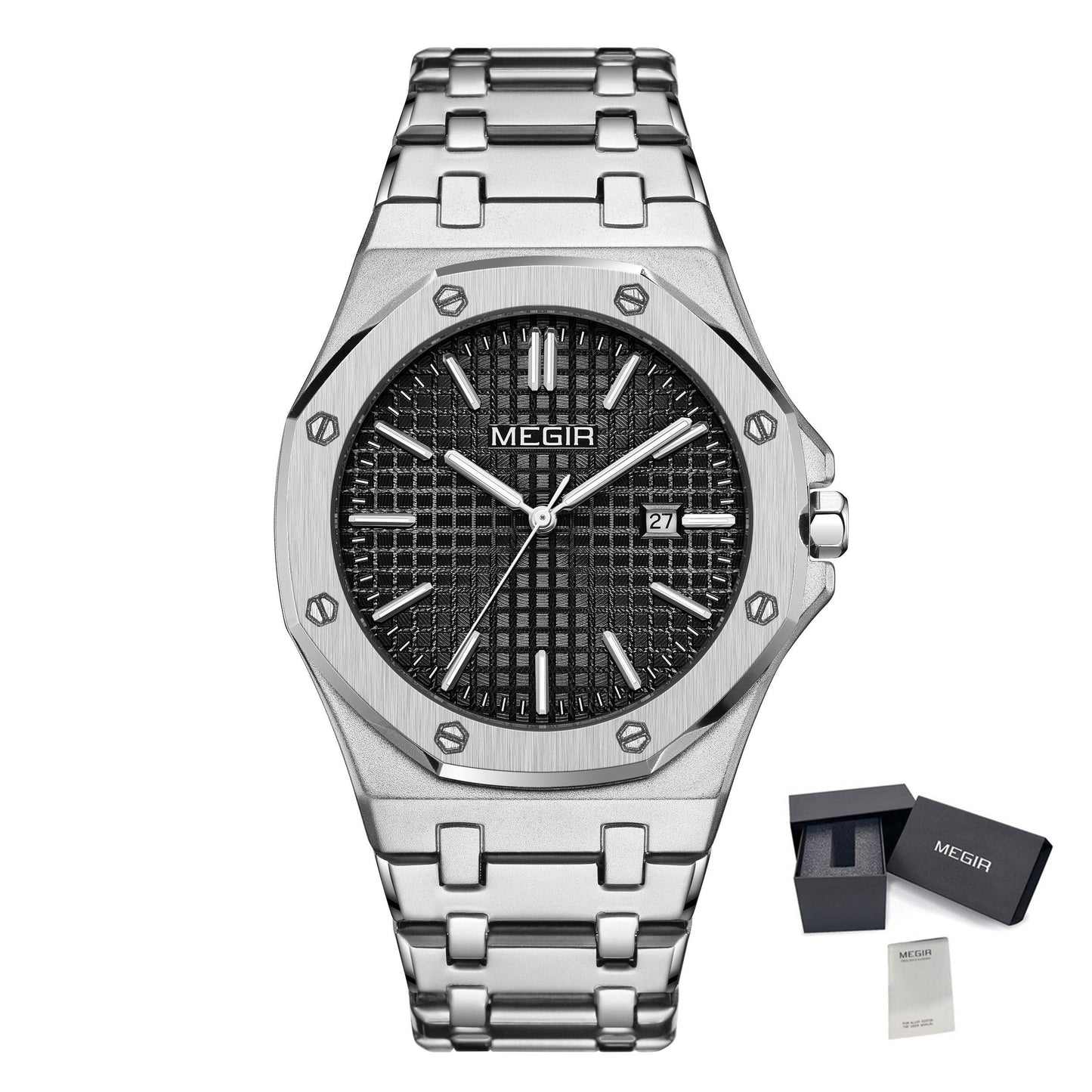 MEGIR Stainless Steel Bracelet Watch for Men Luxury Business Calendar Watches Waterproof Quartz Wristwatch Men Gift Clock 1085-18